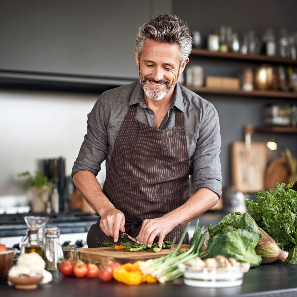 Усмихната жена на средна възраст с европейска външност, държаща чиния със здравословна храна, фотореалистичен стил
